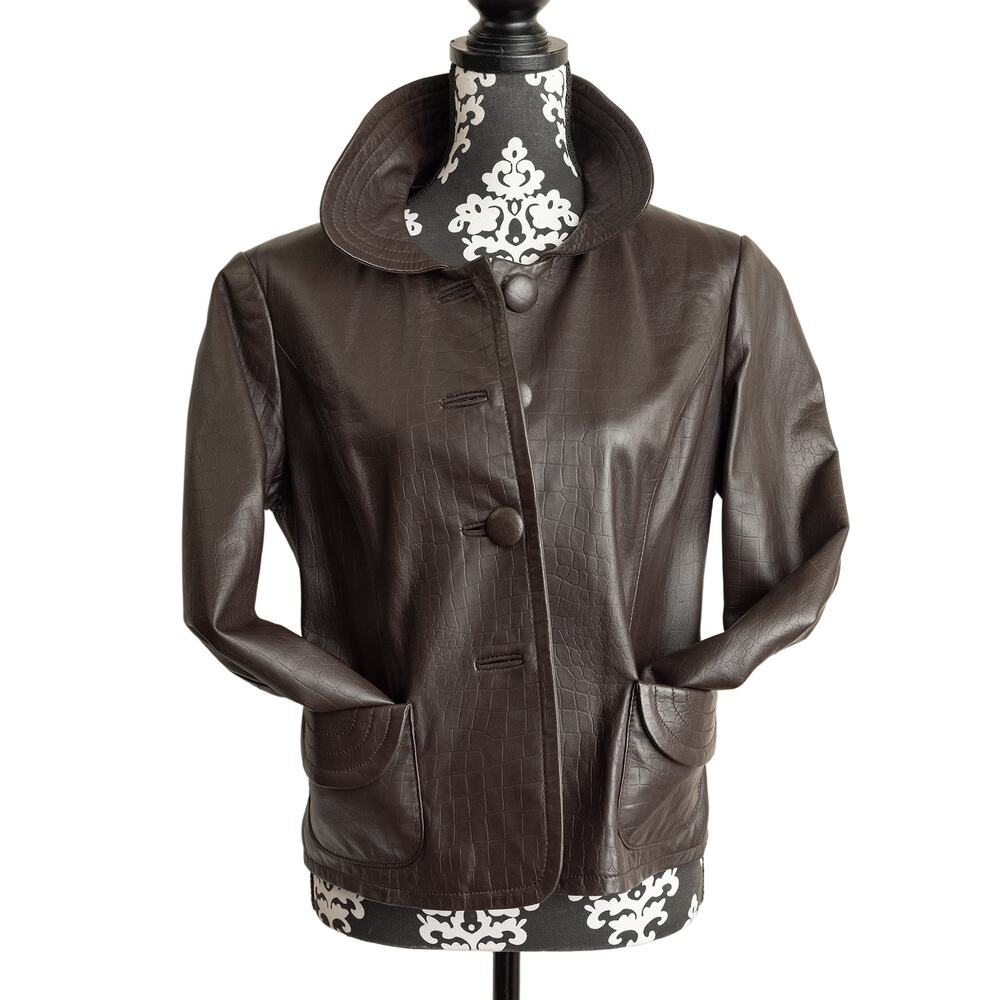 Rare Vintage Pendleton Petites Y2K Brown Crocodile Embossed Leather Jacket - L - Picture 3 of 12